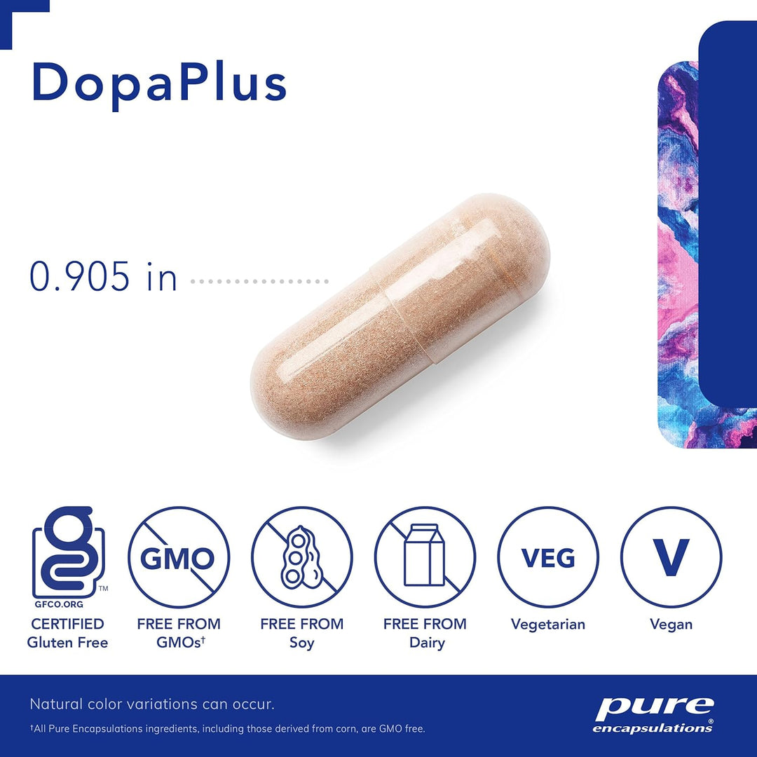 Pure Encapsulations DopaPlus brain support dietary supplement capsules, 180-count bottle with white capsules and label.