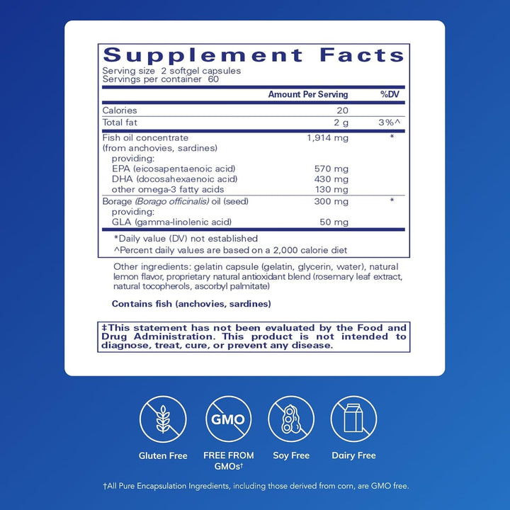 Pure Encapsulations EFA Essentials dietary supplement softgels supporting heart and joint health, 120 softgels in bottle.