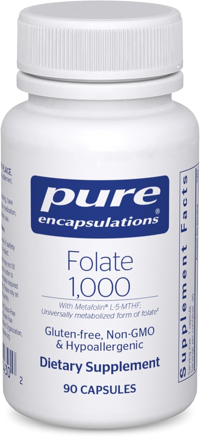 Pure Encapsulations Folate 1000 dietary supplement bottles with 90 capsules for heart and cell health support.