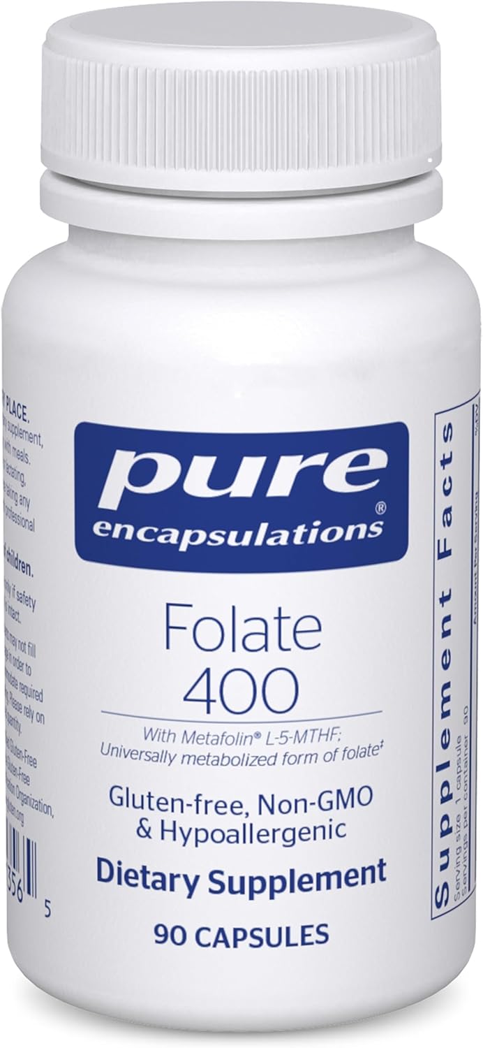 Pure Encapsulations Folate 400 dietary supplement capsules supporting heart and brain health, shown in a white bottle with capsules.