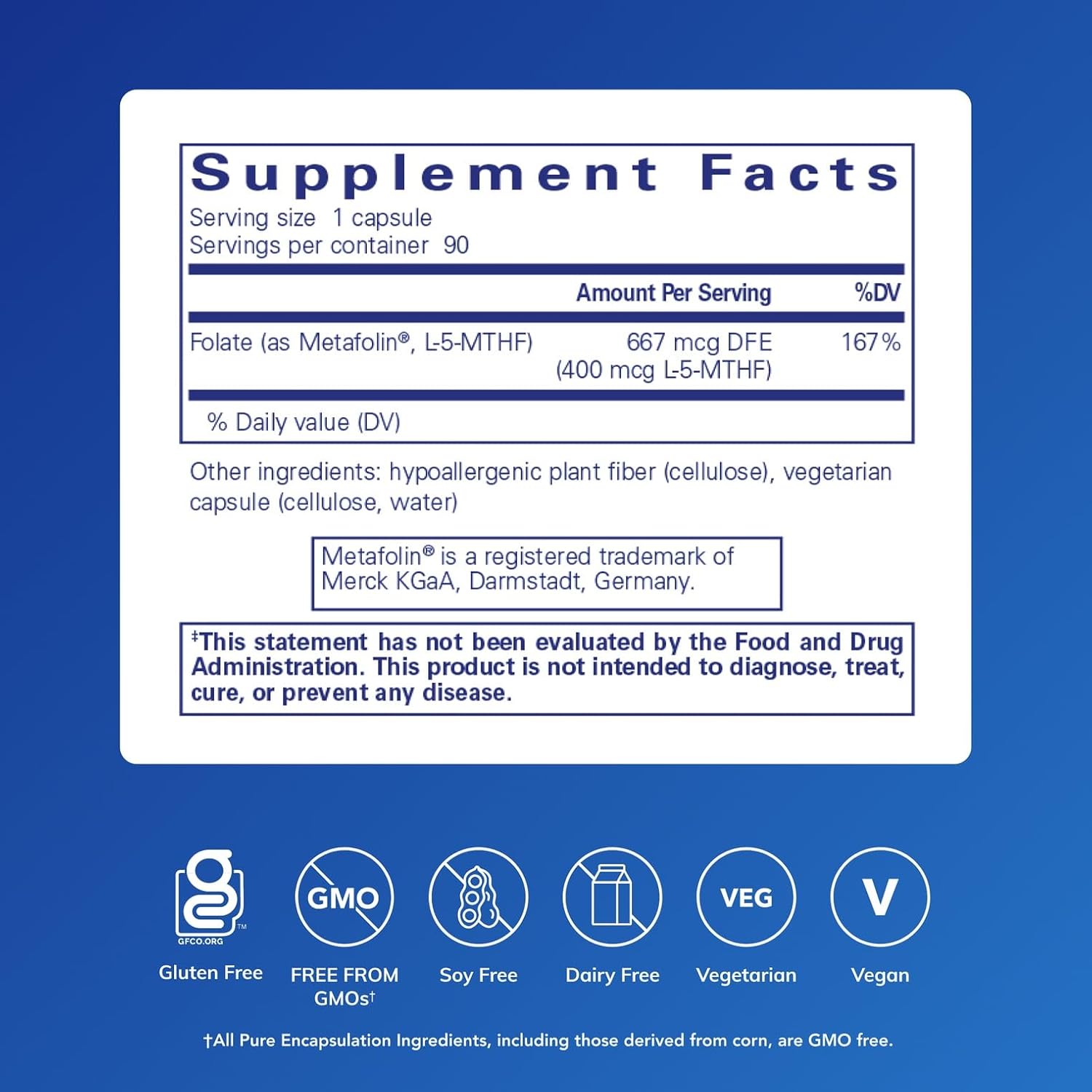 Pure Encapsulations Folate 400 dietary supplement capsules for supporting heart and brain health, shown in a clear bottle.