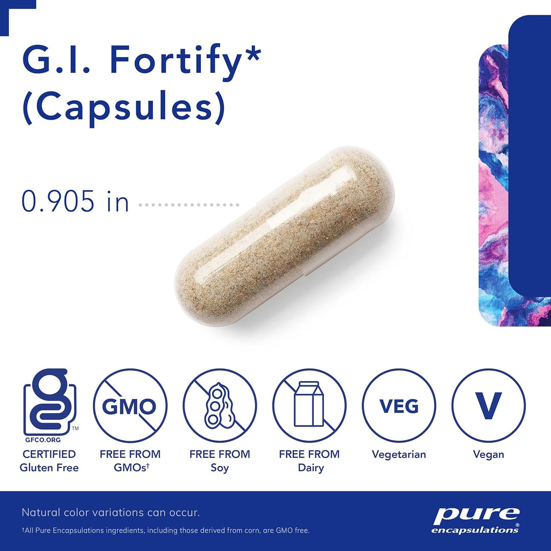 Pure Encapsulations GI Fortify dietary supplement bottle with 120 capsules, supporting digestive motility and detox balance.