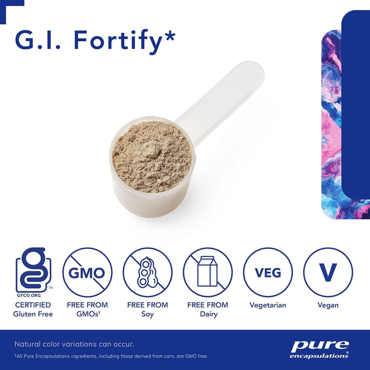 Pure Encapsulations GI Fortify dietary supplement bottle supporting digestion and detox, 14.1 oz, with capsules inside.