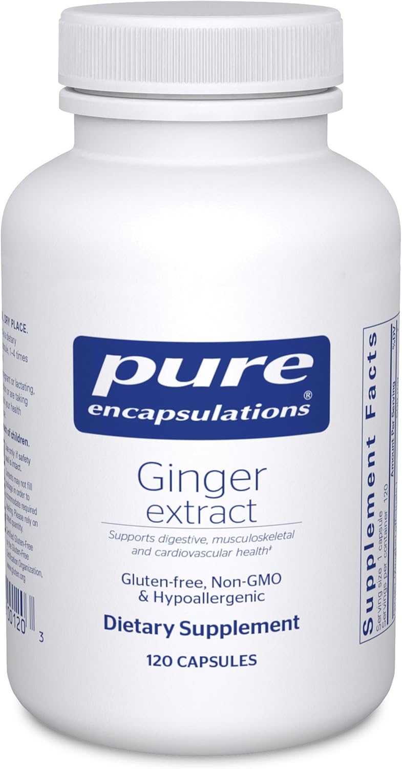 Pure Encapsulations Ginger Extract dietary supplement capsules supporting digestive and joint health, displayed in a bottle.