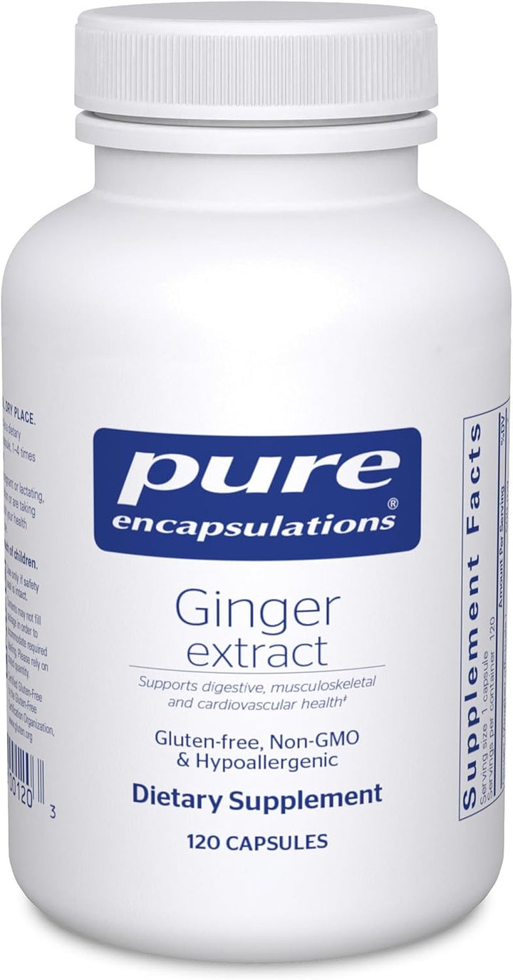 Pure Encapsulations Ginger Extract dietary supplement capsules supporting digestive and joint health, displayed in a bottle.