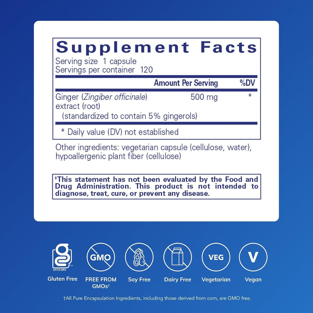Pure Encapsulations Ginger Extract dietary supplement bottle with 120 capsules for digestive and joint health support.