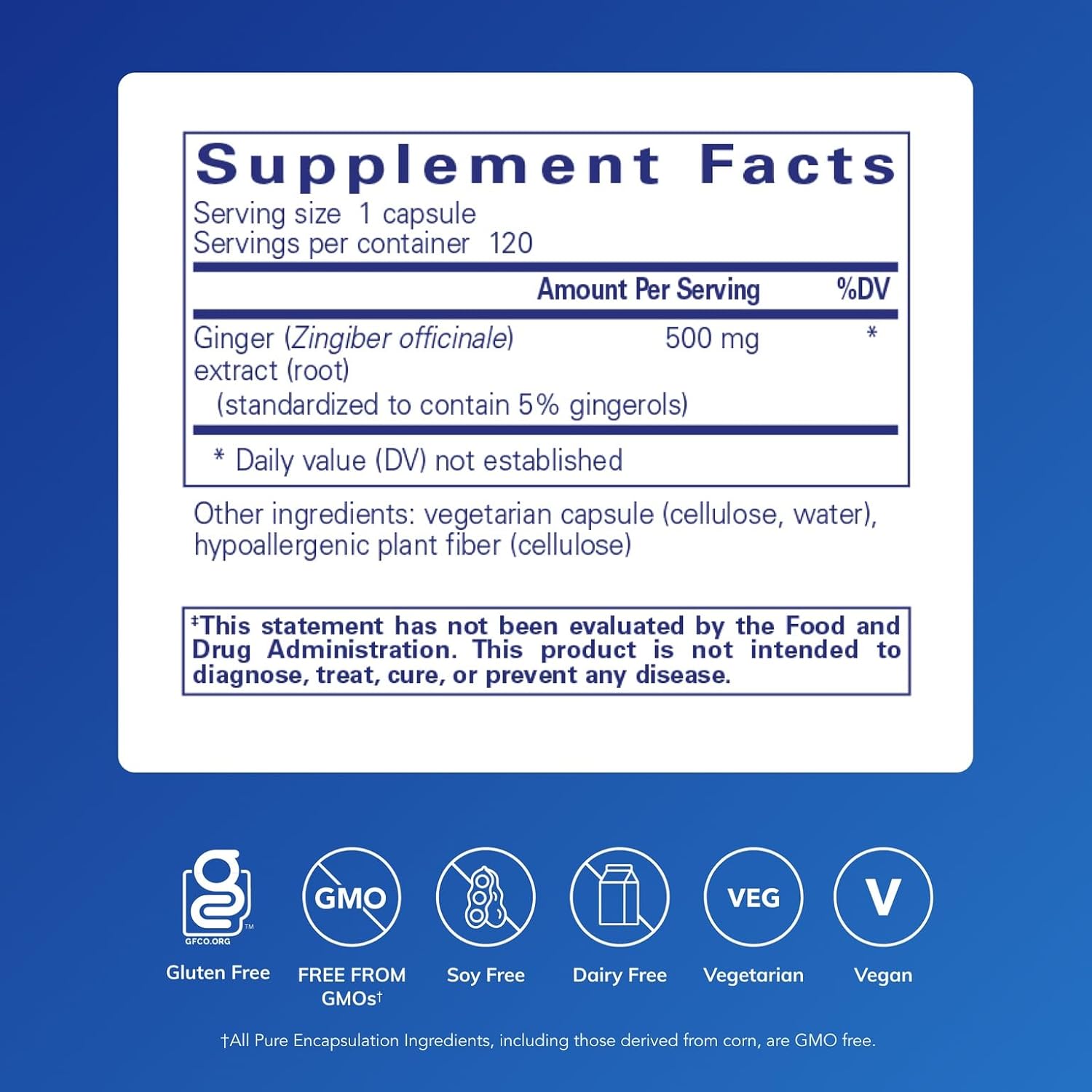 Pure Encapsulations Ginger Extract dietary supplement bottle with 120 capsules for digestive and joint health support.