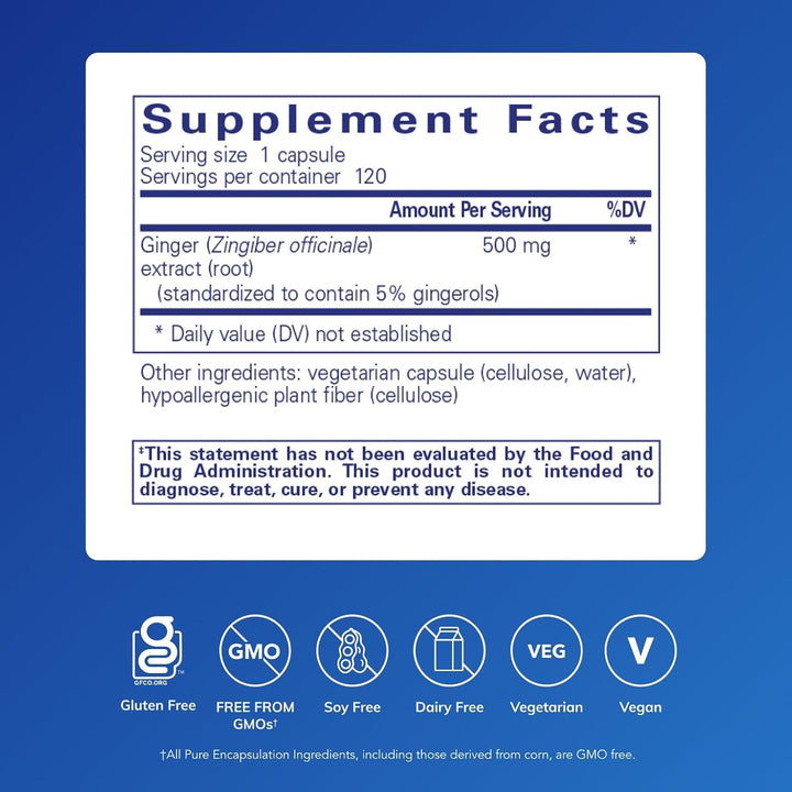 Pure Encapsulations Ginger Extract dietary supplement bottle with 120 capsules for digestive and joint health support.