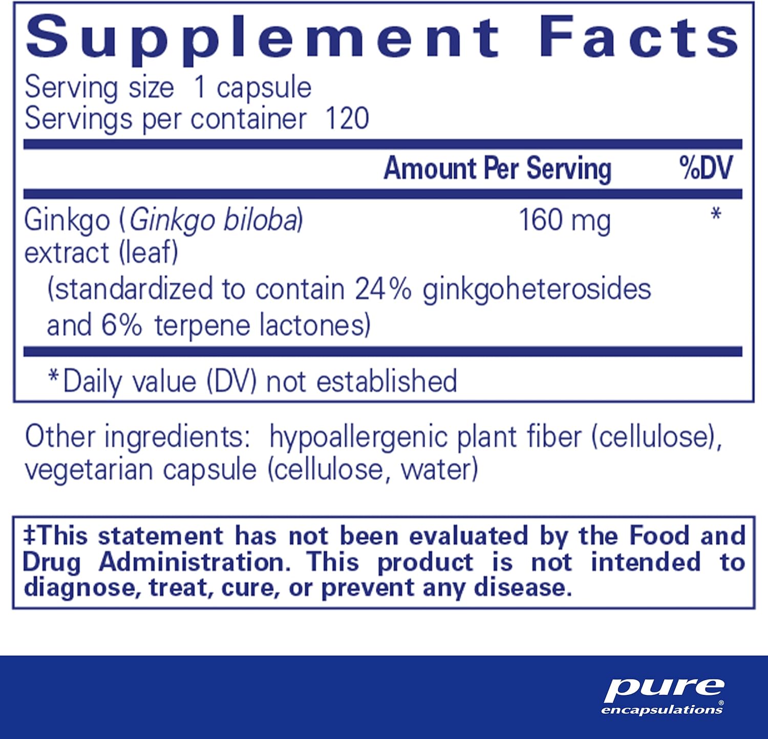 Pure Encapsulations Ginkgo 50 dietary supplement with 120 capsules for circulation, oxygen support, and memory function.