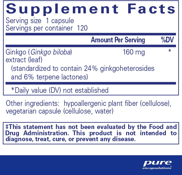 Pure Encapsulations Ginkgo 50 dietary supplement with 120 capsules for circulation, oxygen support, and memory function.