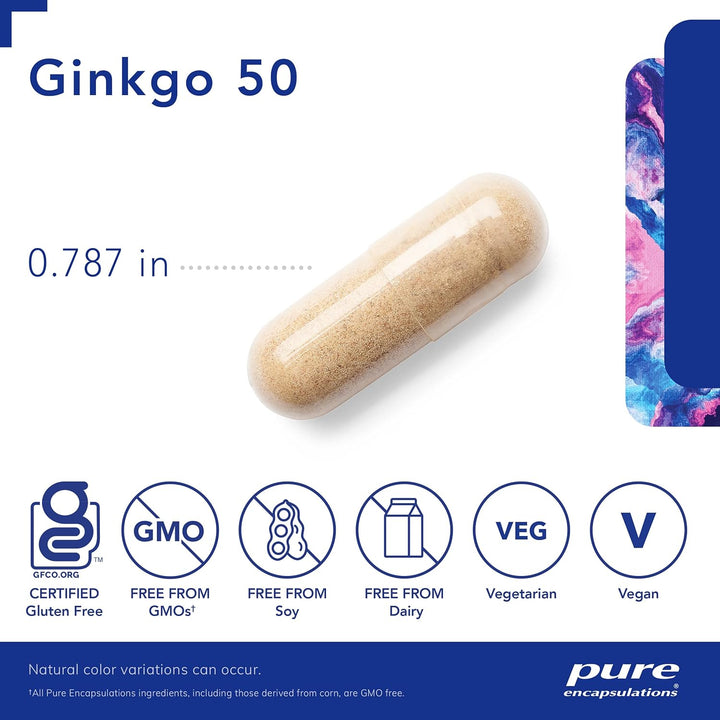 Pure Encapsulations Ginkgo 50 160mg dietary supplement bottle with 120 capsules for circulation, oxygen, and memory support.