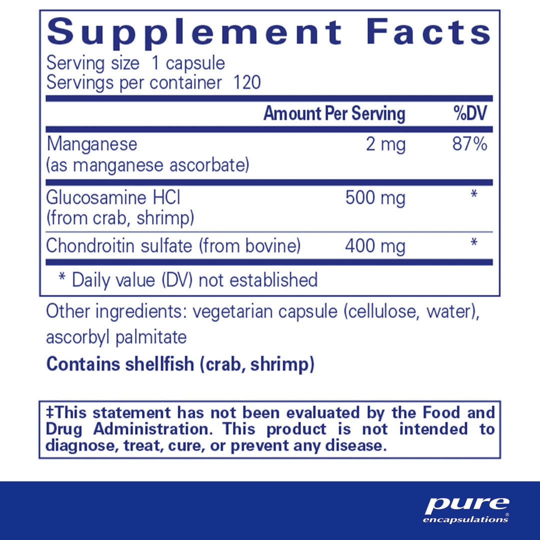 Pure Encapsulations Glucosamine and Chondroitin dietary supplement capsules with manganese, designed to support joint health.