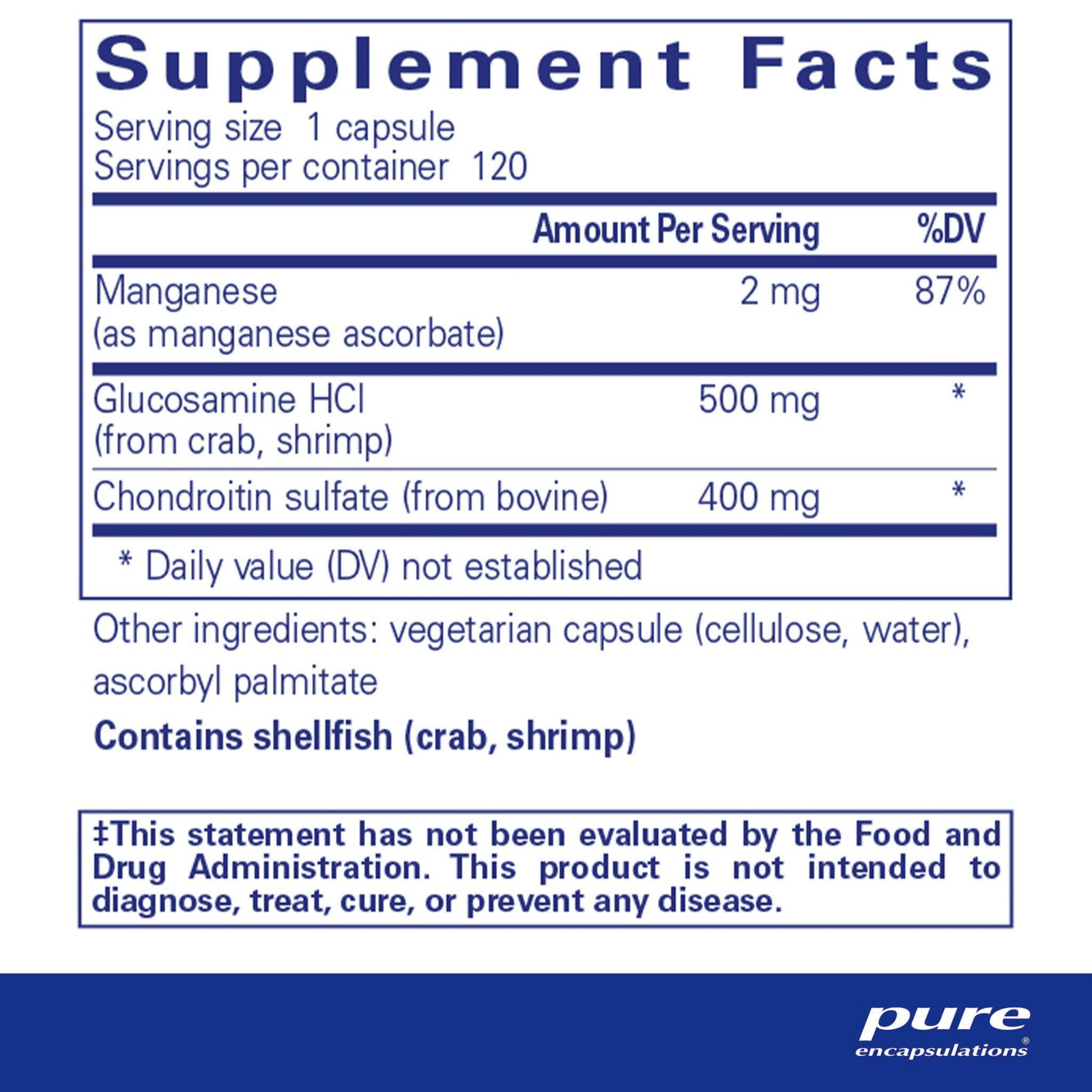 Pure Encapsulations Glucosamine and Chondroitin dietary supplement capsules with manganese, designed to support joint health.