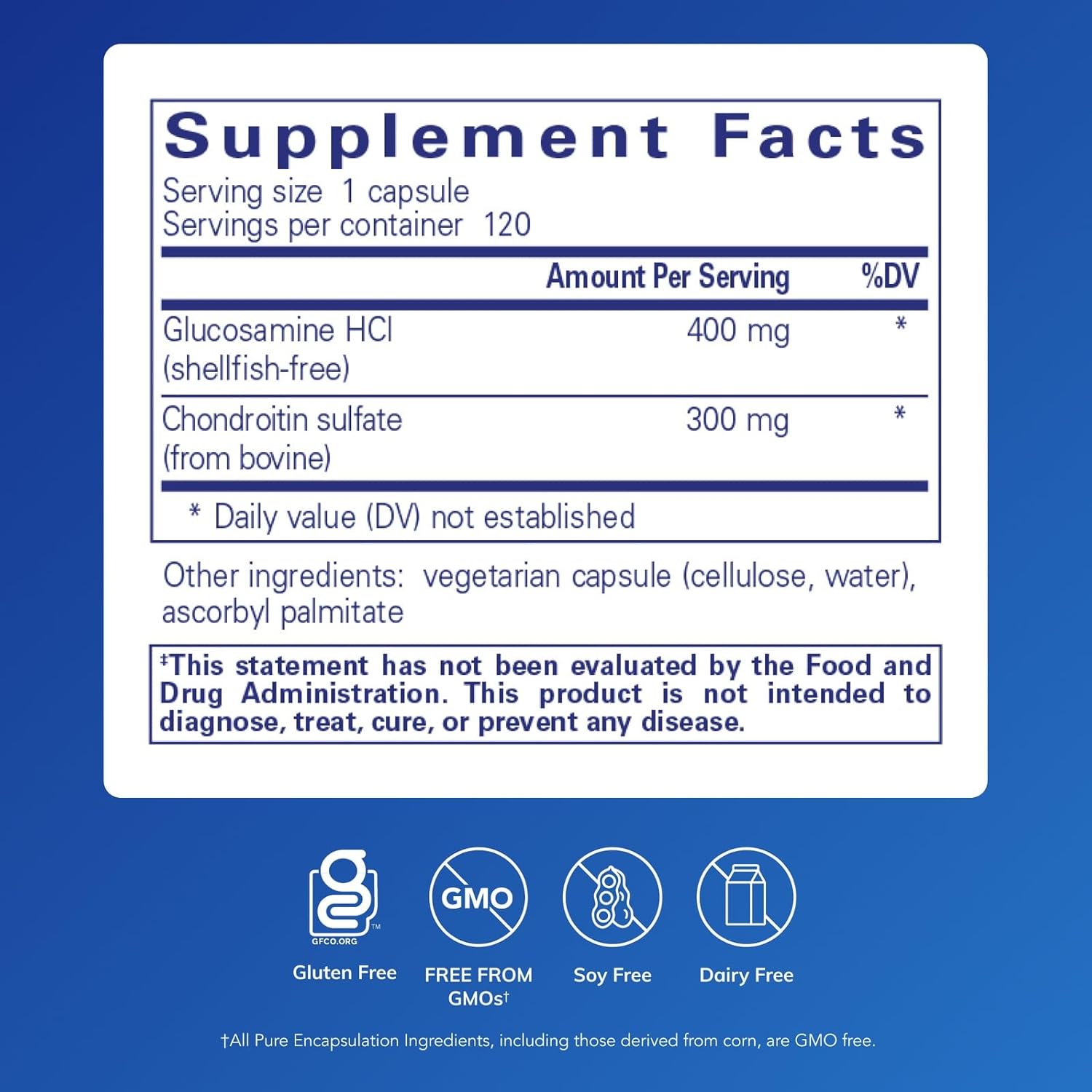 Pure Encapsulations Glucosamine HCL and Chondroitin dietary supplement capsules, shellfish-free, 120 count bottle.