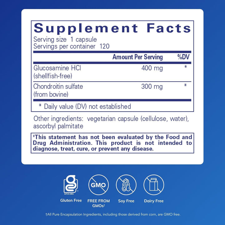 Pure Encapsulations Glucosamine HCL and Chondroitin dietary supplement capsules, shellfish-free, 120 count bottle.