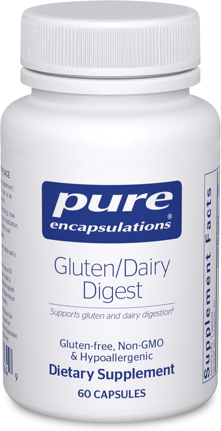 Pure Encapsulations Gluten Dairy Digest dietary supplement bottle with 60 capsules for digestive comfort.