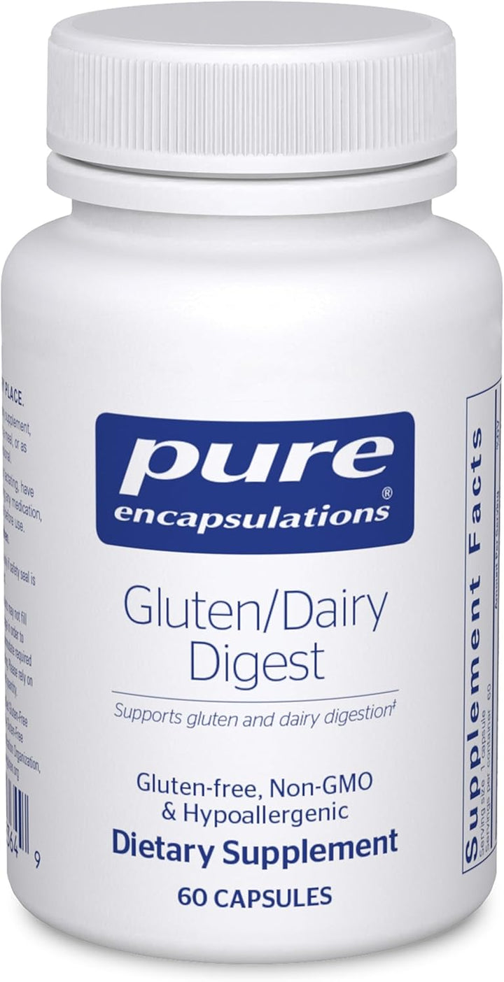 Pure Encapsulations Gluten Dairy Digest dietary supplement bottle with 60 capsules for digestive comfort.