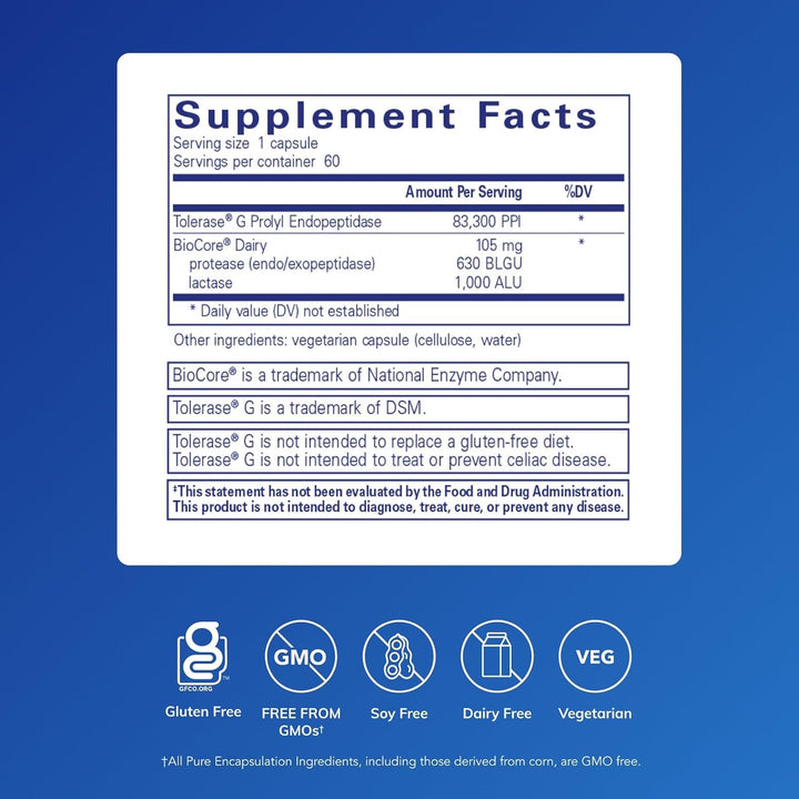 Pure Encapsulations Gluten Dairy Digest dietary supplement bottle with 60 capsules for digestive comfort.