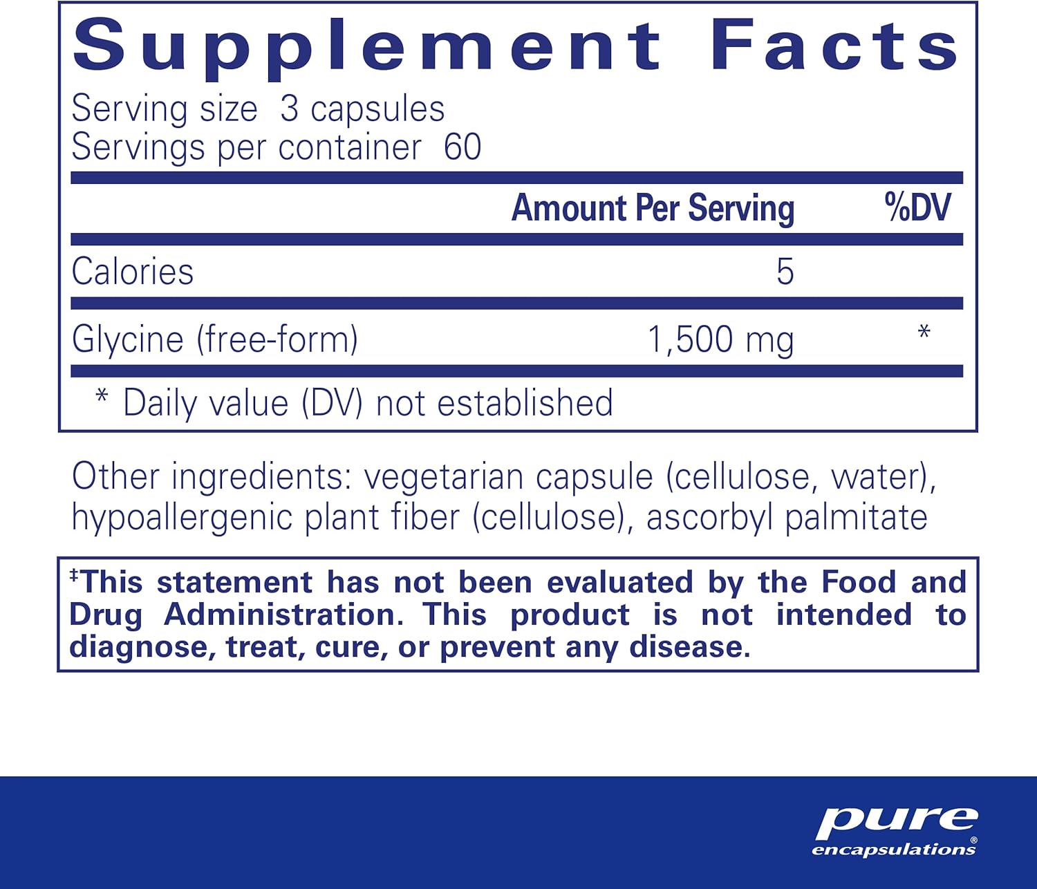 Pure Encapsulations Glycine dietary supplement bottle with 180 capsules, supports sleep quality and liver function.