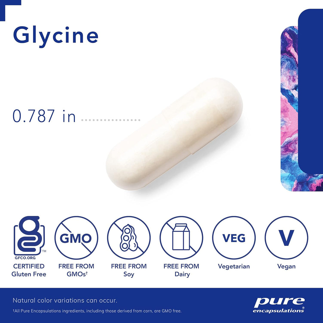 Pure Encapsulations Glycine dietary supplement bottle with 180 capsules, supports sleep quality and liver function.