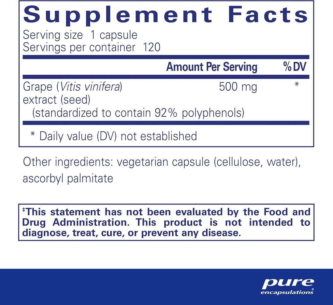 Pure Encapsulations Grape Pip dietary supplement capsules, 500 mg, supporting vascular health, shown in a clear bottle.