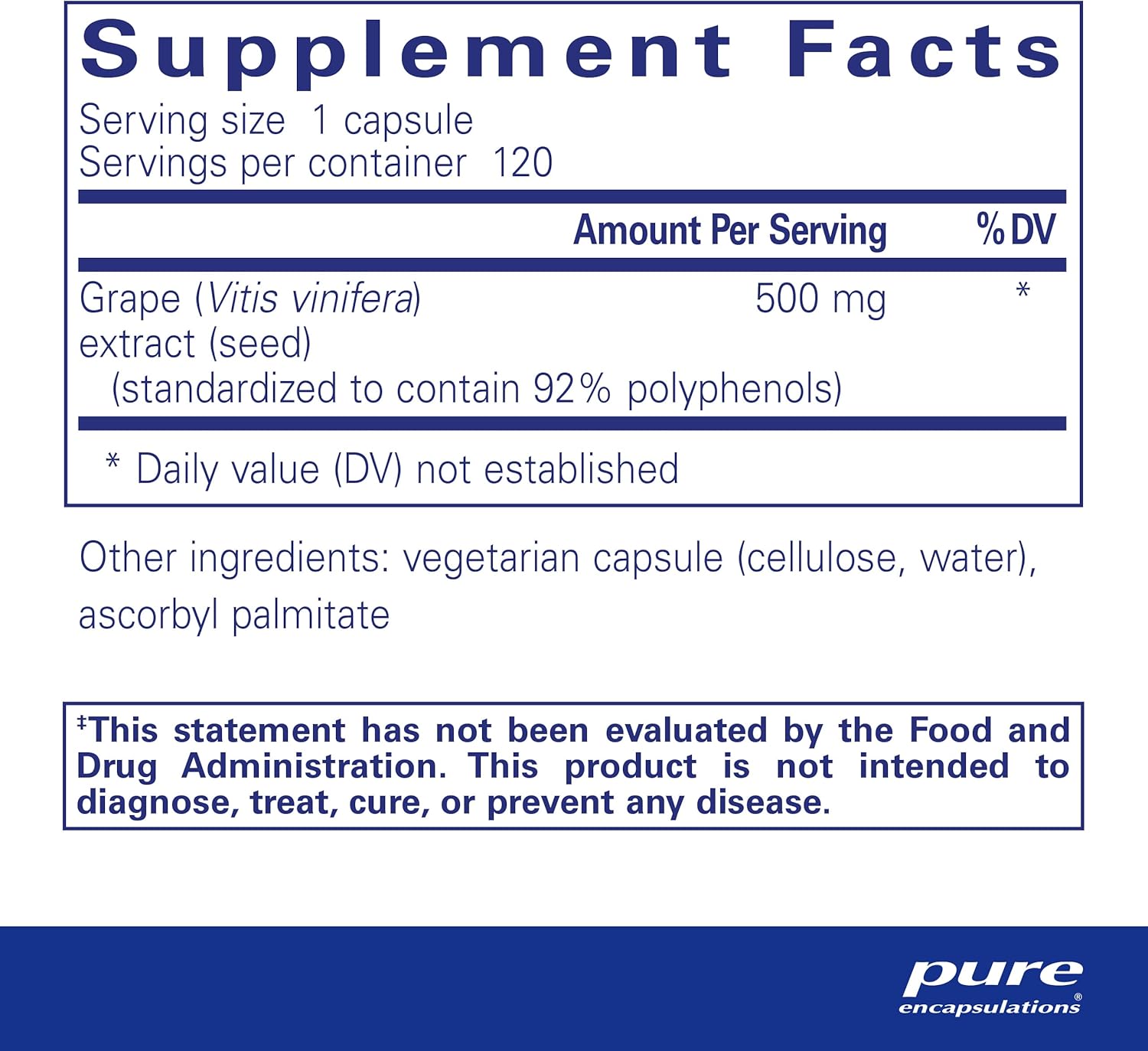 Pure Encapsulations Grape Pip dietary supplement capsules, 500 mg, supporting vascular health, shown in a clear bottle.