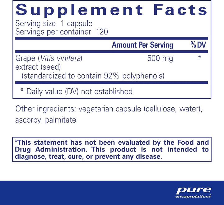 Pure Encapsulations Grape Pip dietary supplement capsules, 500 mg, supporting vascular health, shown in a clear bottle.