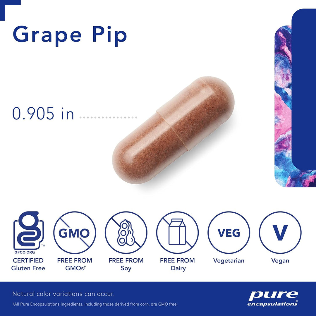 Pure Encapsulations Grape Pip 500 mg dietary supplement capsules supporting vascular health, shown in a clear container.