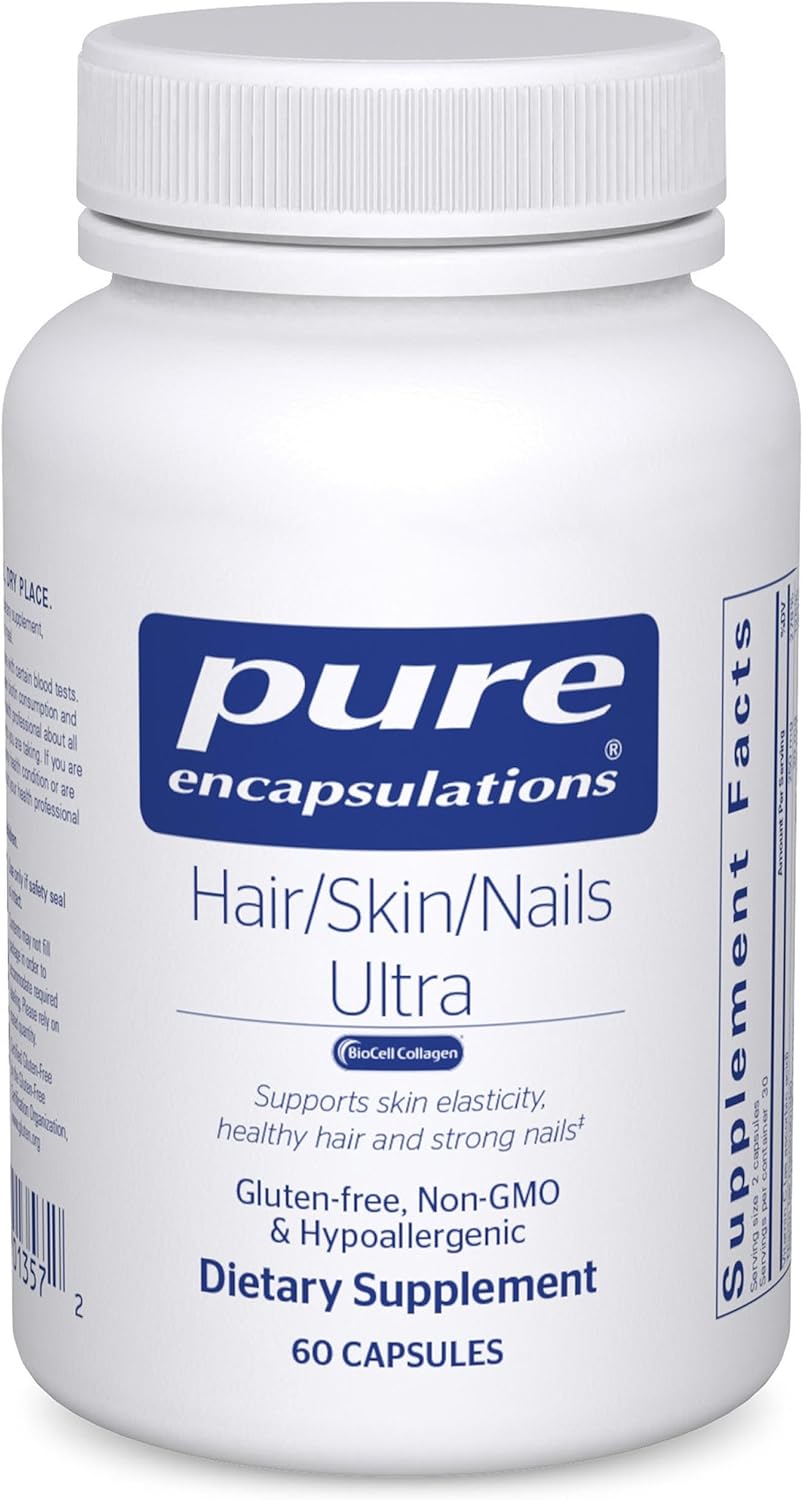 Pure Encapsulations Hair Skin Nails Ultra dietary supplement capsules, supporting beauty and healthy hair, skin, and nails.