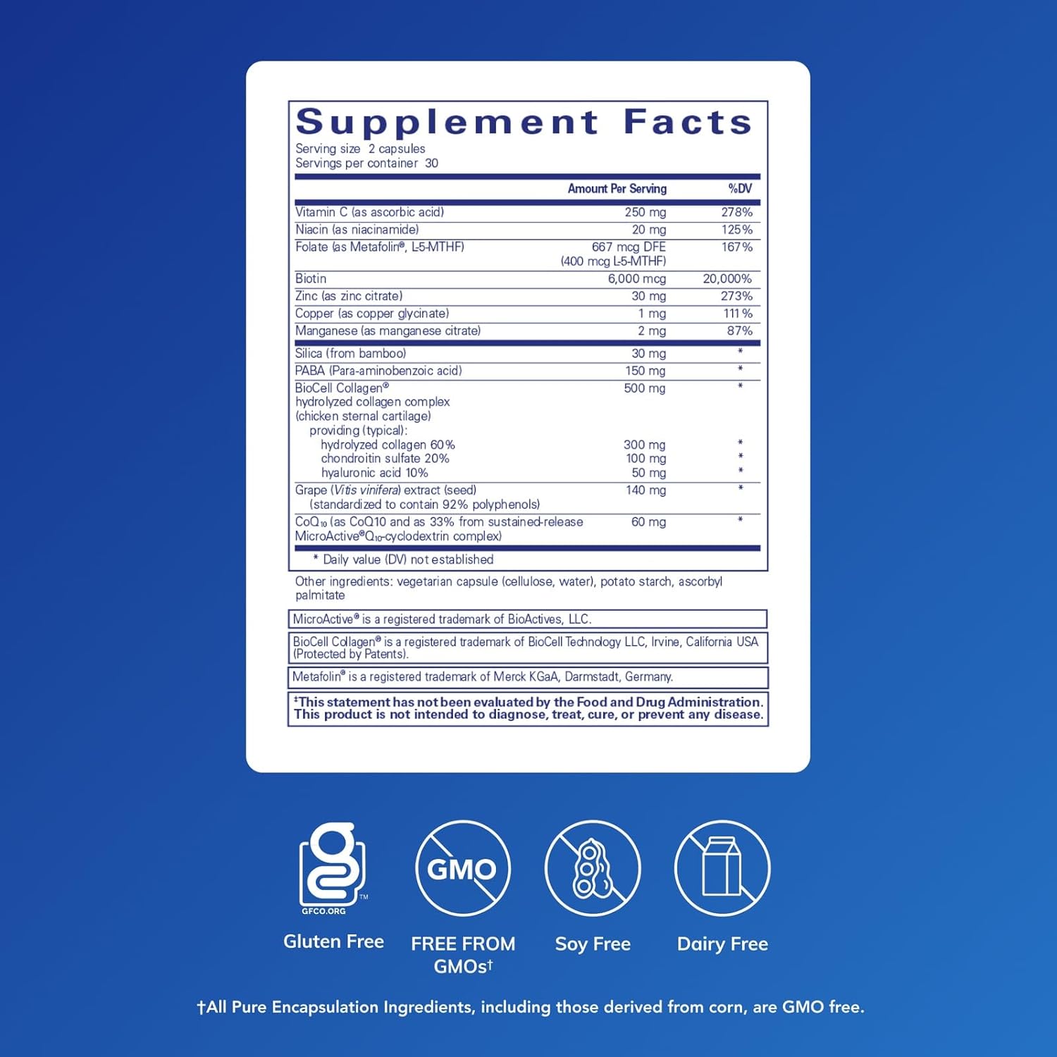 Pure Encapsulations Hair Skin Nails Ultra dietary supplement capsules for supporting beauty and healthy hair, skin, and nails.