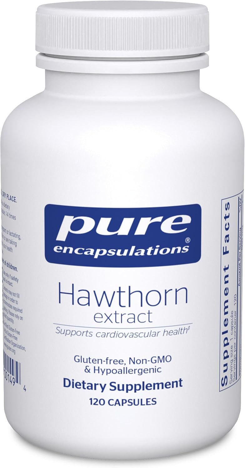 Pure Encapsulations Hawthorn Extract dietary supplement capsules supporting heart function, shown in a bottle.