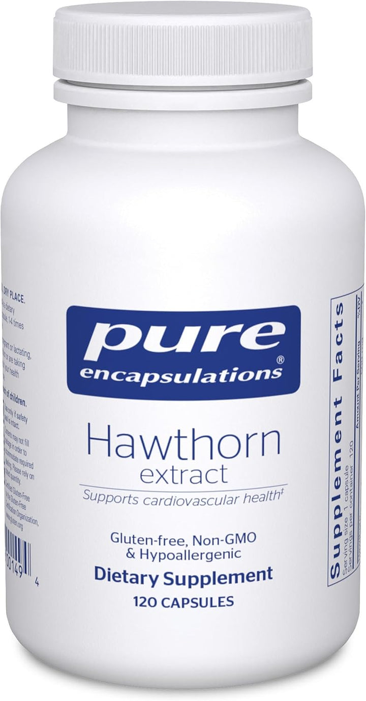 Pure Encapsulations Hawthorn Extract dietary supplement capsules supporting heart function, shown in a bottle.