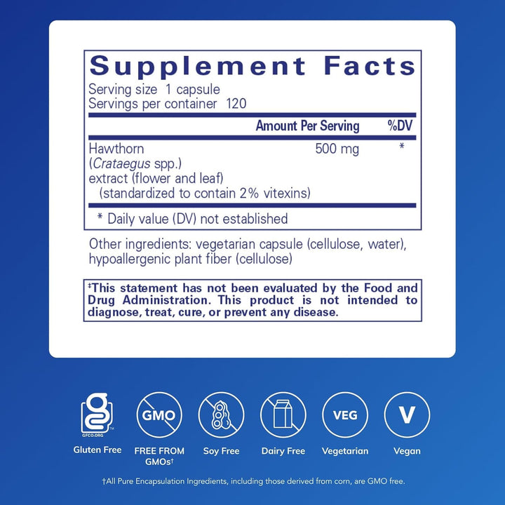 Pure Encapsulations Hawthorn Extract dietary supplement capsules supporting heart function, 120 capsules.