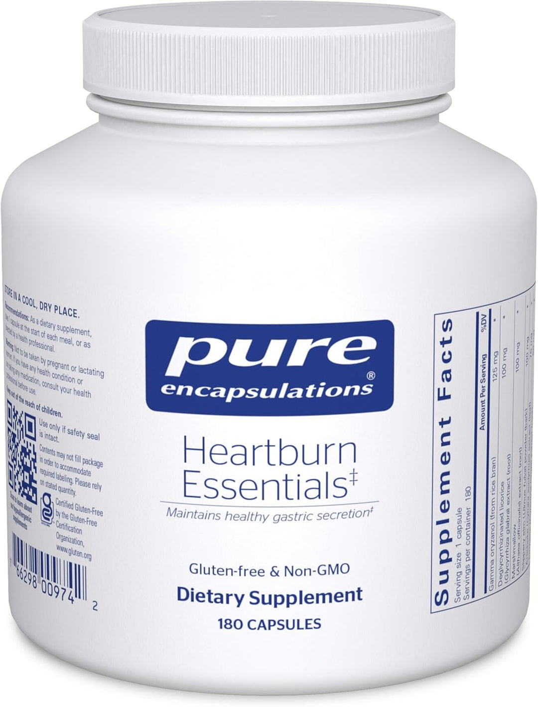 Pure Encapsulations Heartburn Essentials dietary supplement bottle with 180 capsules for digestive comfort.