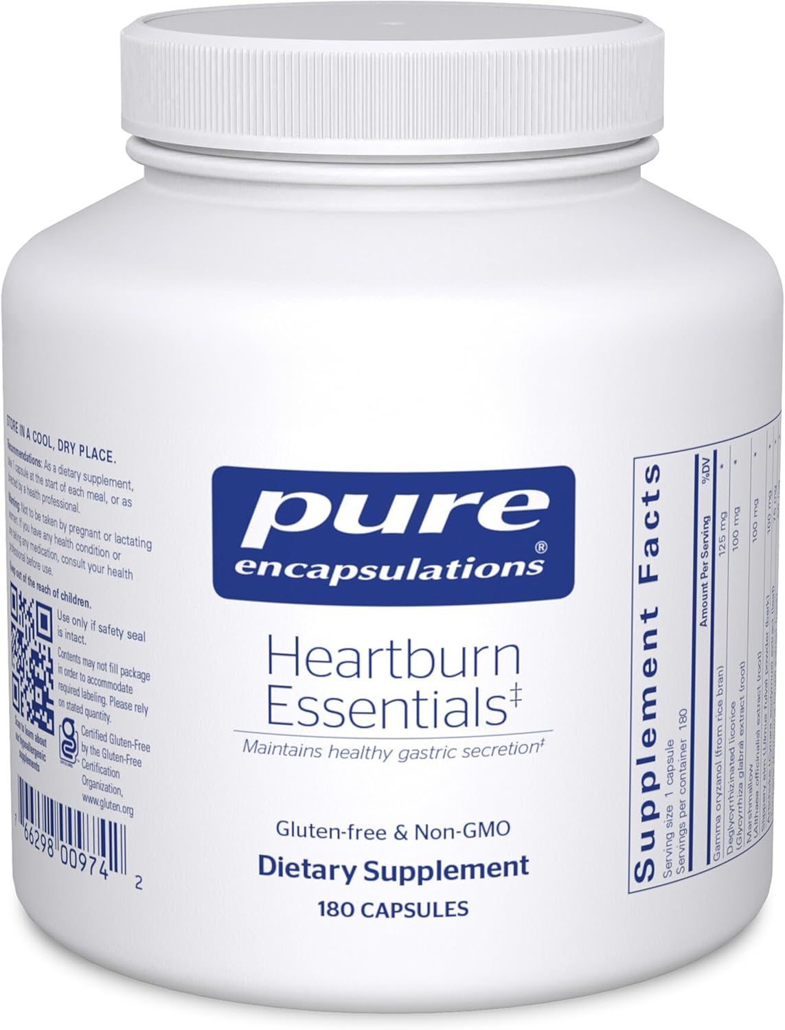 Pure Encapsulations Heartburn Essentials dietary supplement bottle with 180 capsules for digestive comfort.