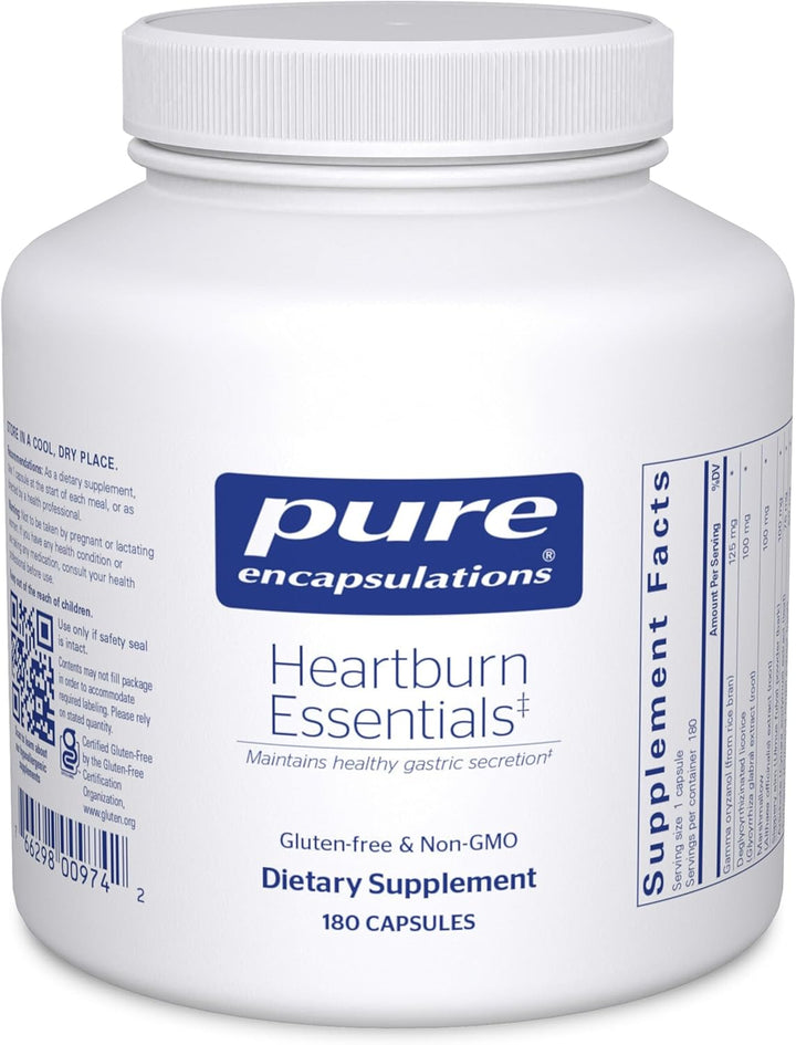 Pure Encapsulations Heartburn Essentials dietary supplement bottle with 180 capsules for digestive comfort.