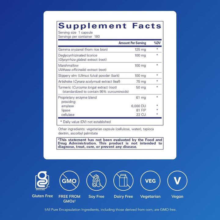 Pure Encapsulations Heartburn Essentials dietary supplement capsules supporting digestive comfort in a bottle of 180 capsules.