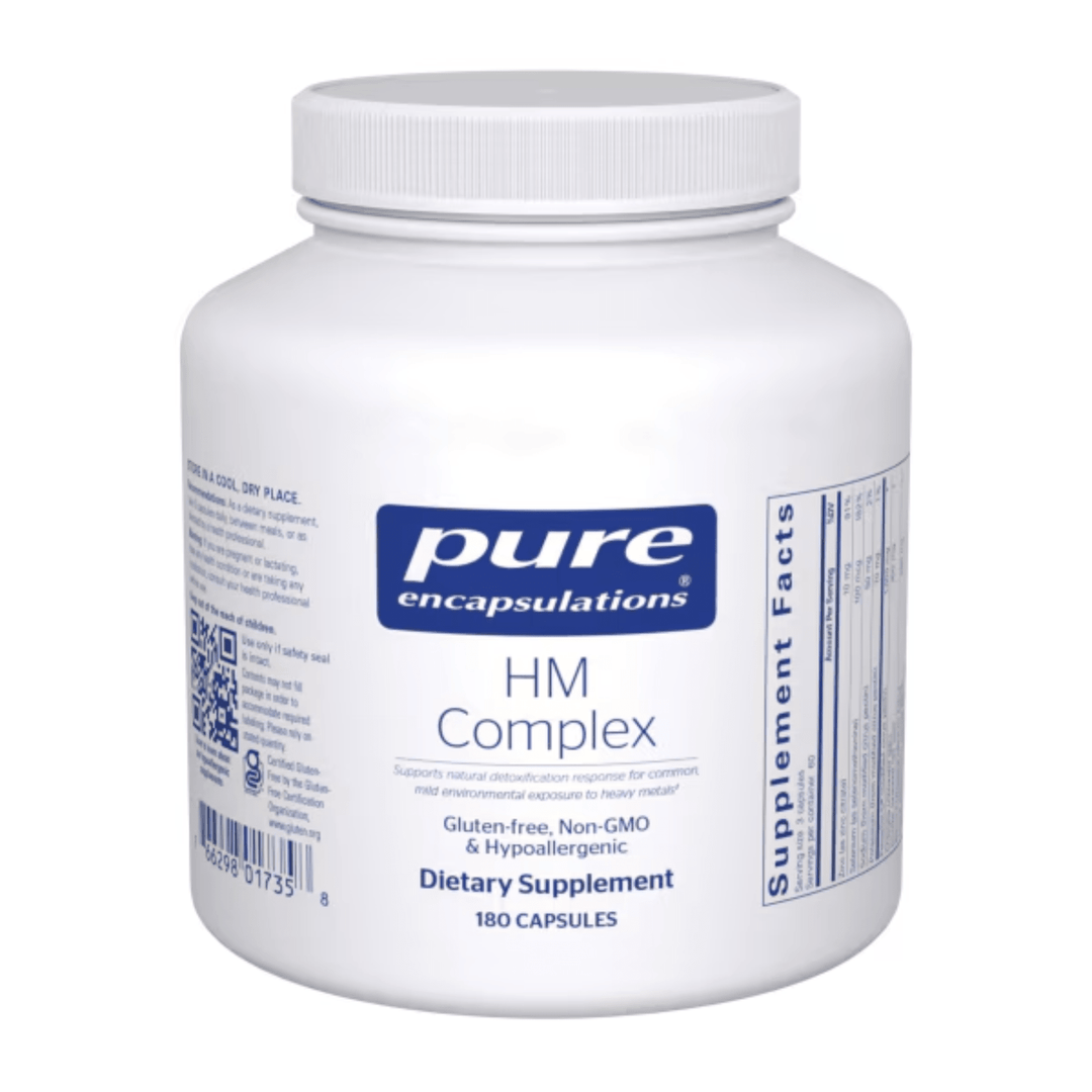 Pure Encapsulations HM Chelate Complex dietary supplement bottle with 180 capsules, improved formula for mineral absorption.