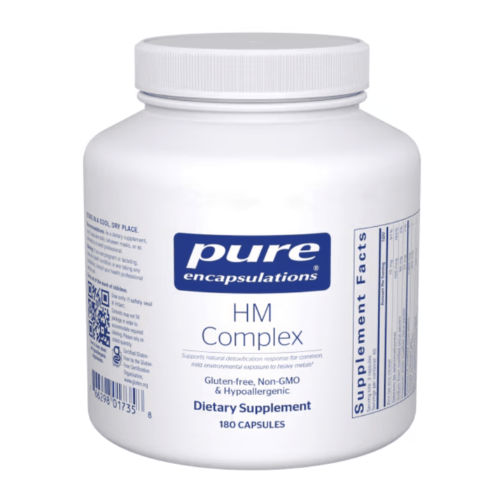 Pure Encapsulations HM Chelate Complex dietary supplement bottle with 180 capsules, improved formula for mineral absorption.