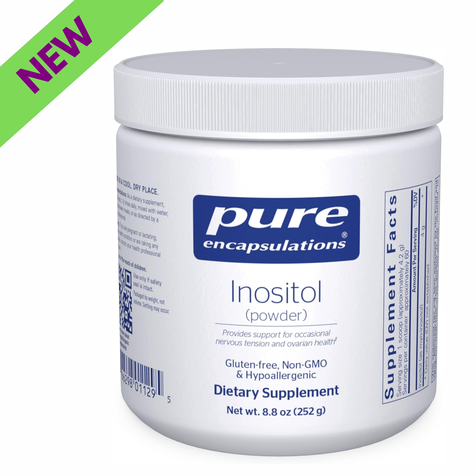 Pure Encapsulations Inositol Powder dietary supplement for energy, nervous system, and ovaries support, 8.8 oz container.