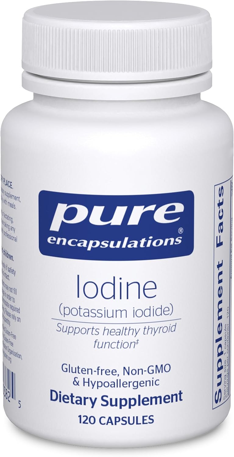 Pure Encapsulations Iodine dietary supplement capsules supporting thyroid health and cellular metabolism in a bottle of 120 capsules.