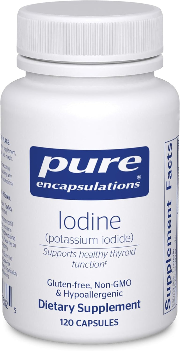 Pure Encapsulations Iodine dietary supplement capsules supporting thyroid health and cellular metabolism in a bottle of 120 capsules.