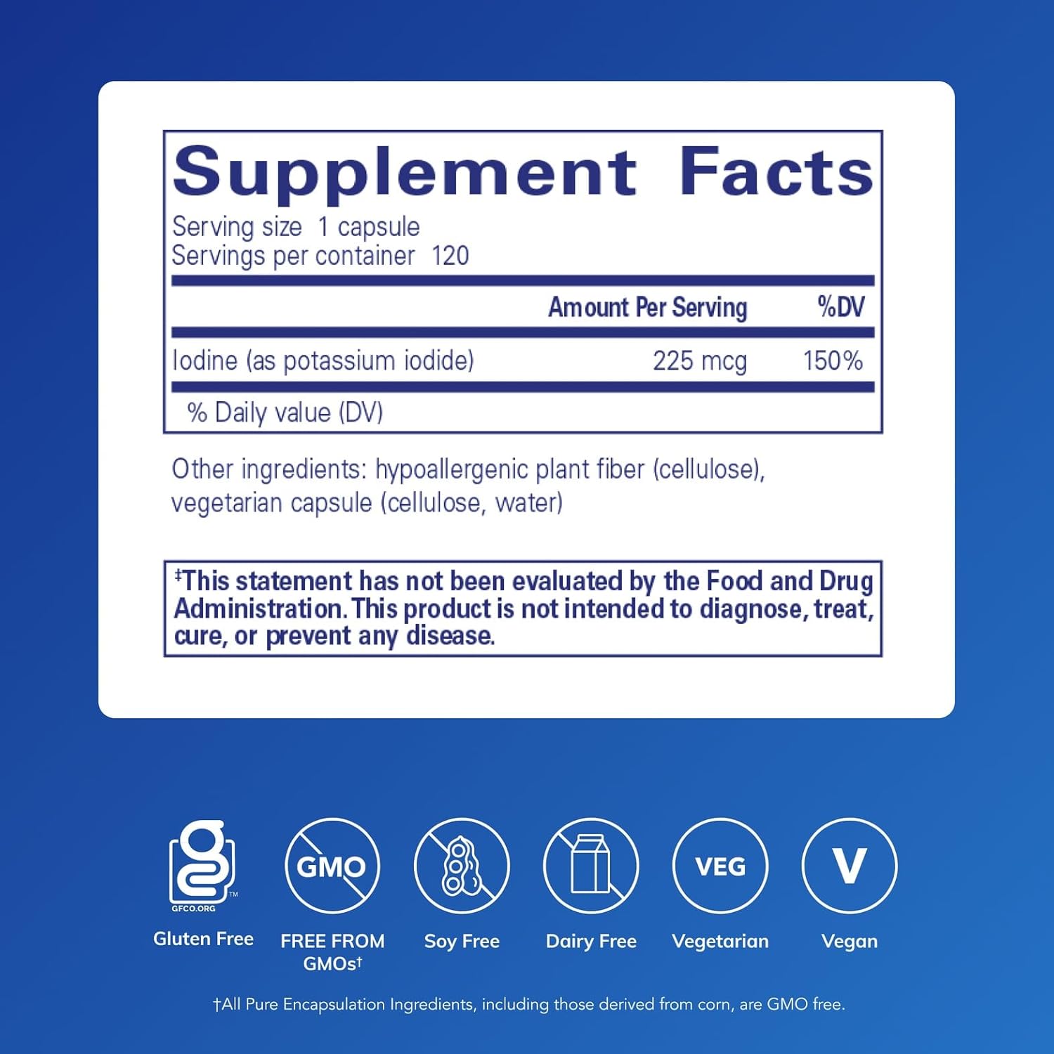 Pure Encapsulations Iodine dietary supplement in a bottle of 120 capsules supporting thyroid and cellular metabolism.