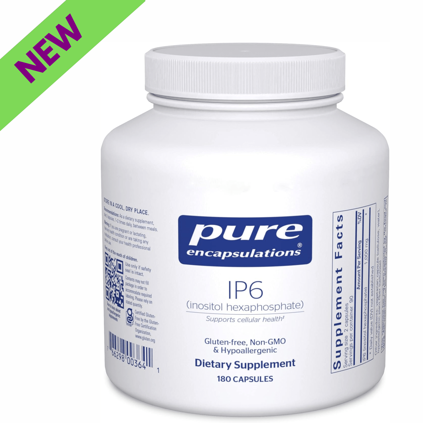 Pure Encapsulations IP6 Inositol Hexaphosphate dietary supplement bottle with 180 capsules, supporting cell function and overall health.