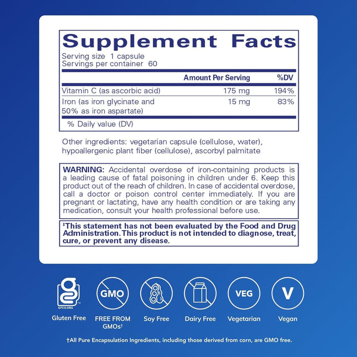 Pure Encapsulations Iron C dietary supplement capsules supporting energy and red blood cell formation, 60 capsules.