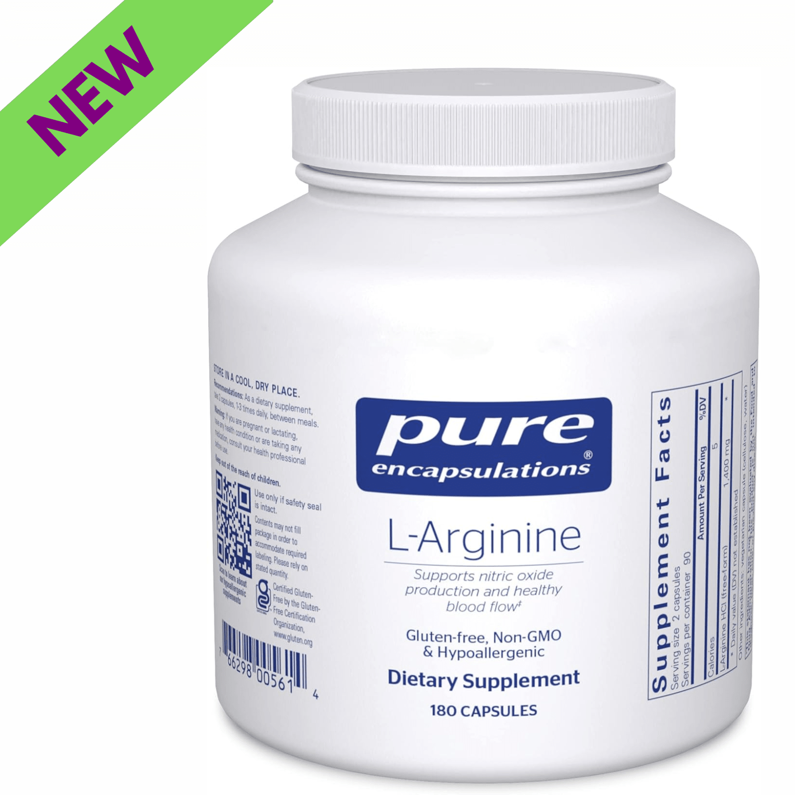 Pure Encapsulations L-Arginine dietary supplement bottle with 180 capsules, supporting heart health and circulation.