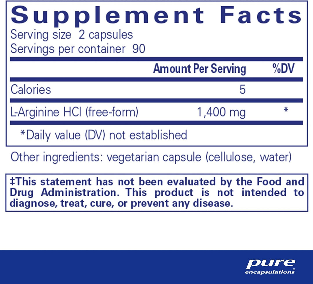 Pure Encapsulations L-Arginine dietary supplement bottle with 180 capsules for supporting heart health and circulation.