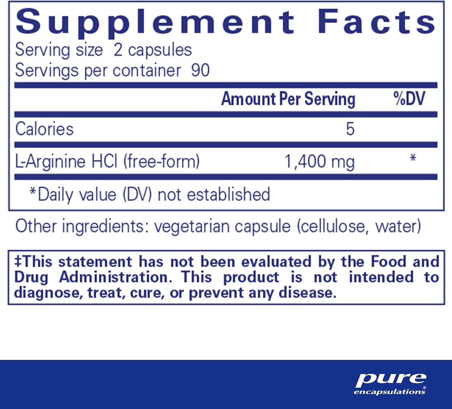 Pure Encapsulations L-Arginine dietary supplement bottle with 180 capsules for supporting heart health and circulation.