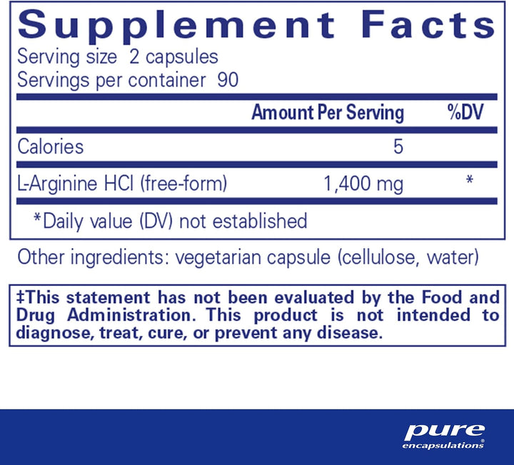 Pure Encapsulations L-Arginine dietary supplement bottle with 180 capsules for supporting heart health and circulation.