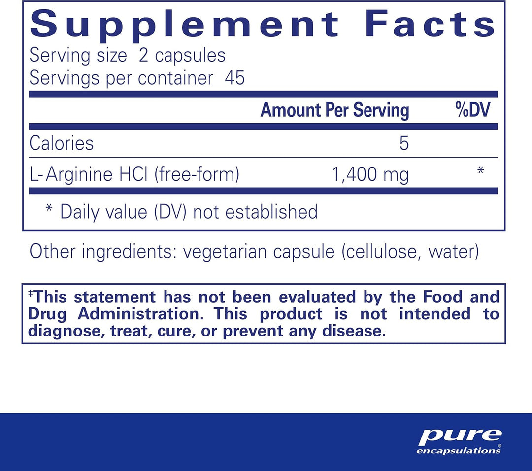 Pure Encapsulations L-Arginine dietary supplement bottle with 90 capsules, supports heart health and circulation.